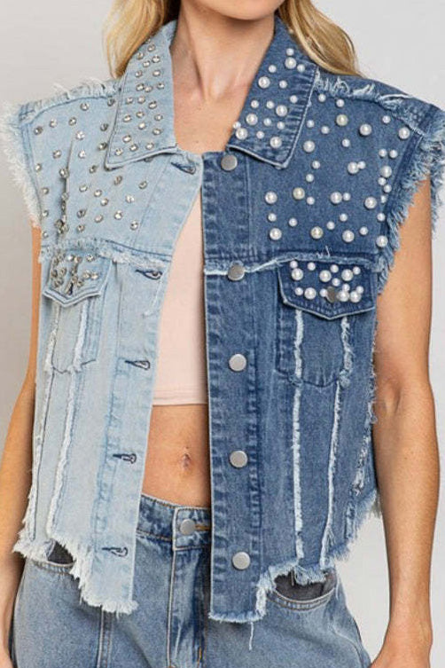 Two-Tone Pearl & Studded Distressed Denim Vest