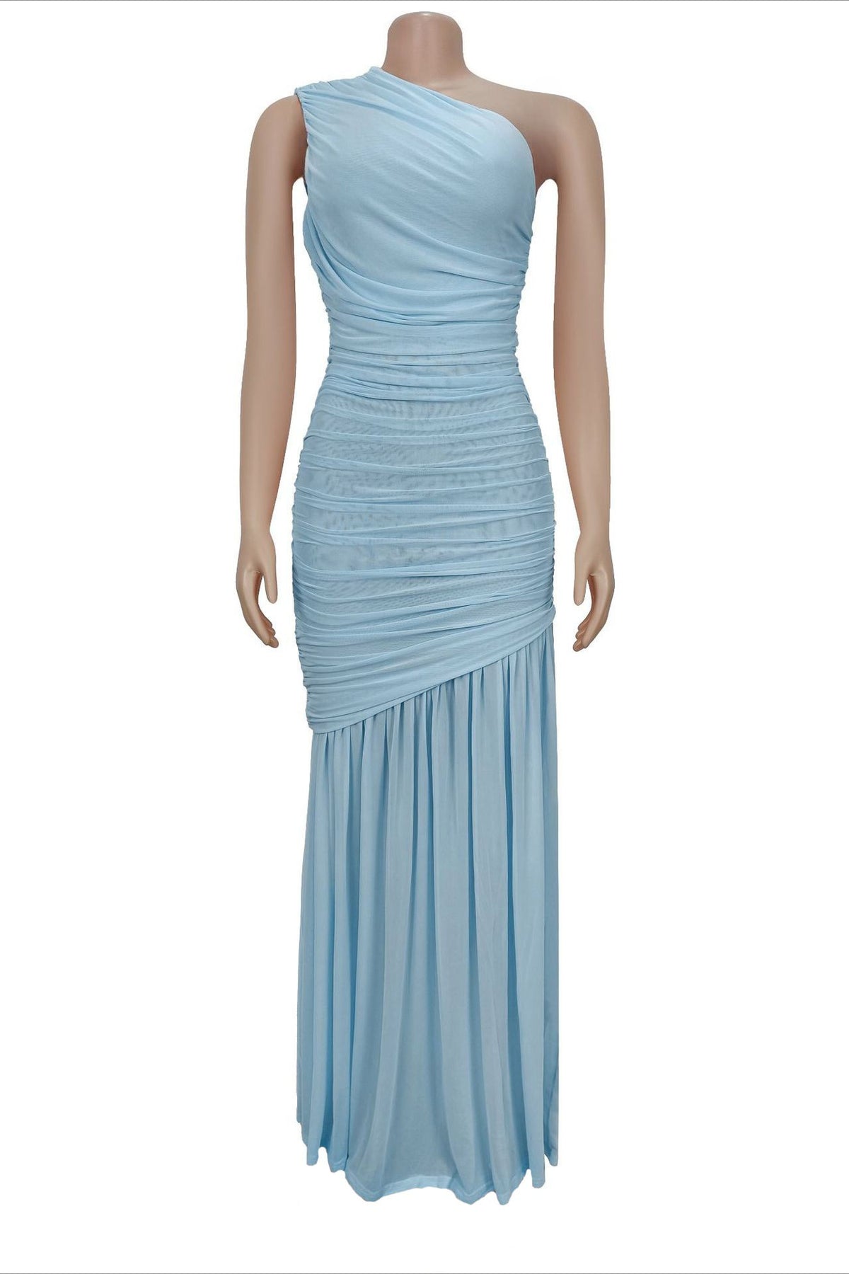 One-Shoulder Ruched Mesh Maxi Dress