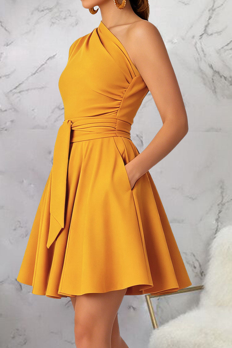 One-Shoulder Tie-Waist Pleated Mini Dress