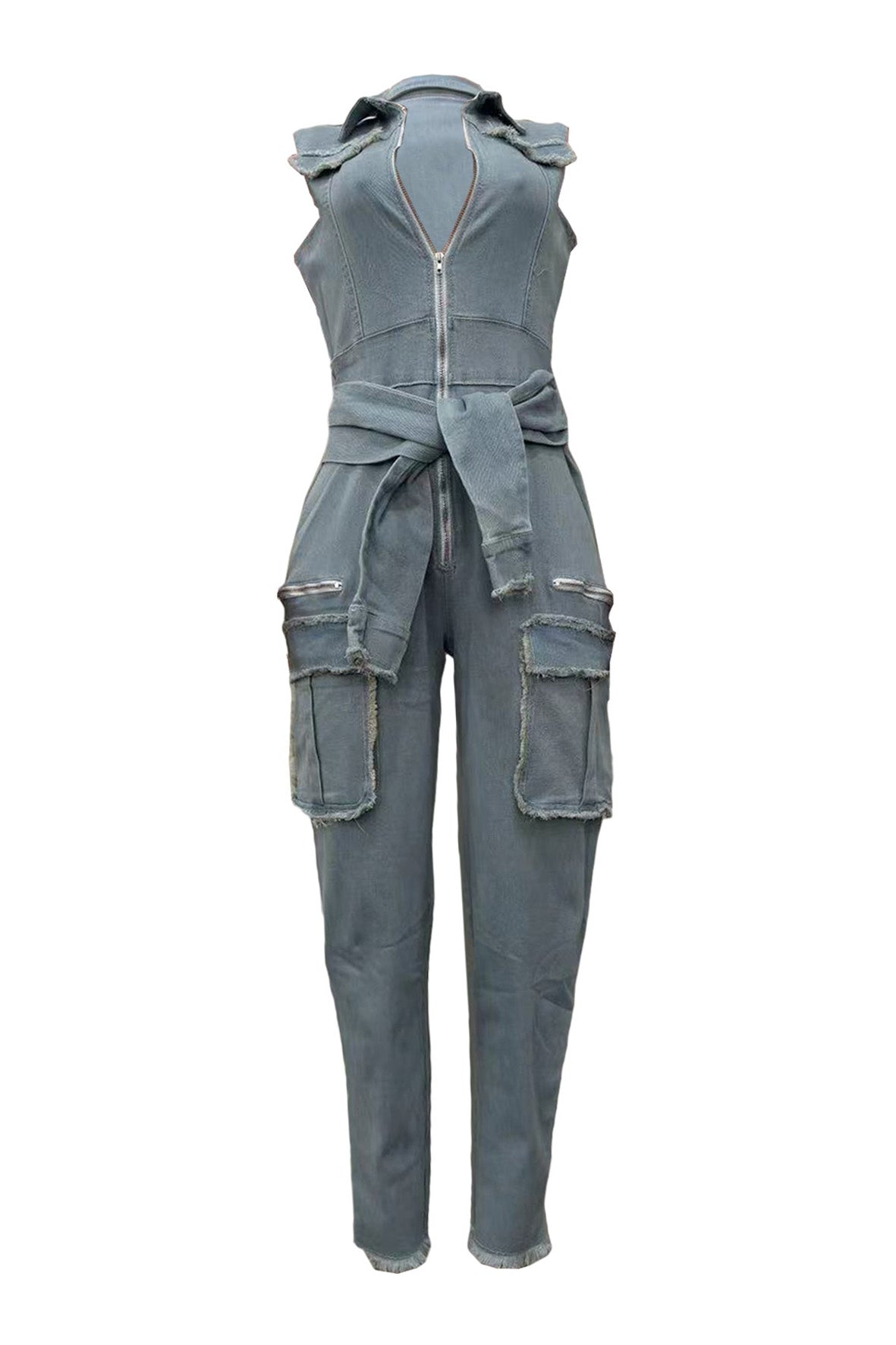 Sleeveless Tummy Control Zip Up Lapel Jumpsuit