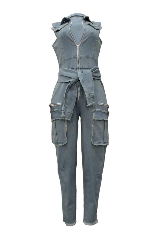 Sleeveless Tummy Control Zip Up Lapel Jumpsuit
