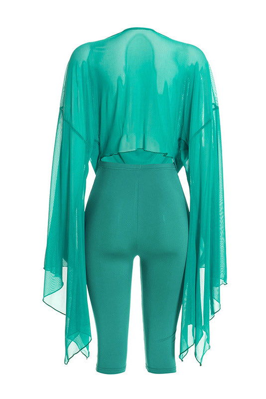 Cowl-Neck Mesh Top & Capri Pants Set