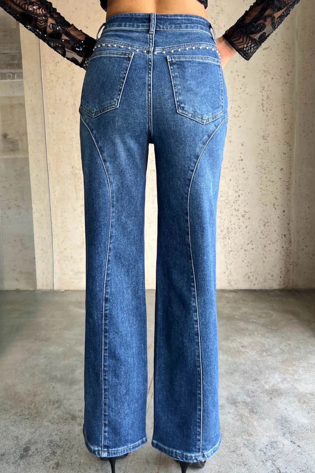 Studded Curved Seam High Waist Wide Leg Jeans