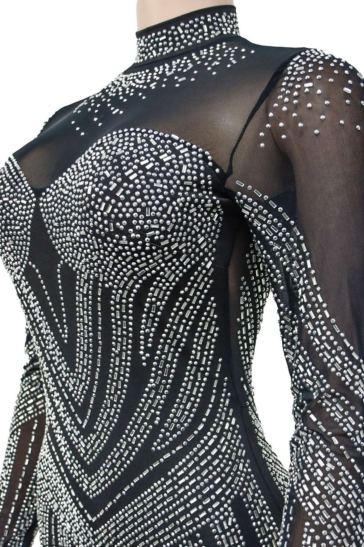 Rhinestone Embellished Sheer Mesh Mini Dress