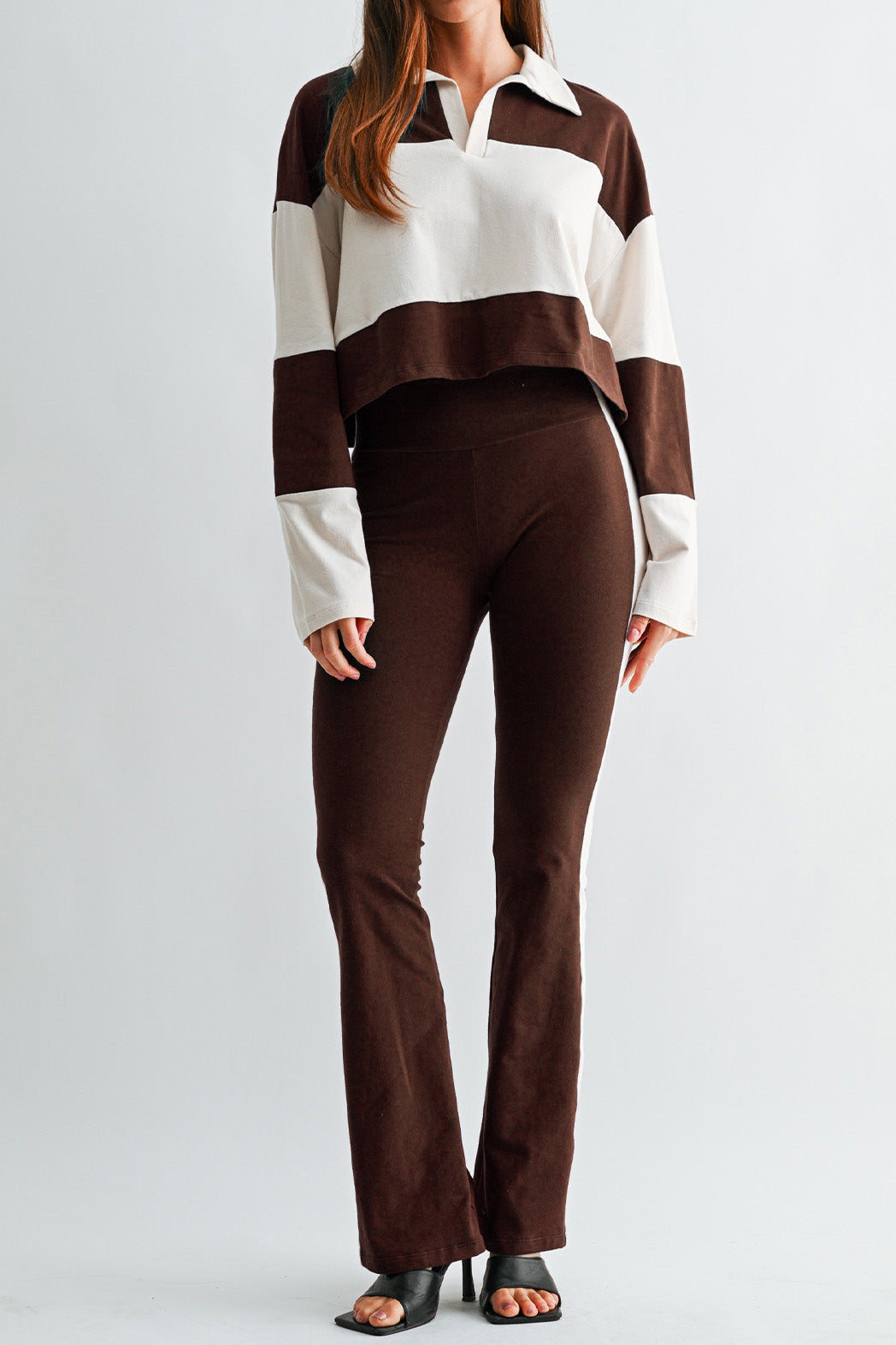 Colorblock Polo Top & Flare Pants Set
