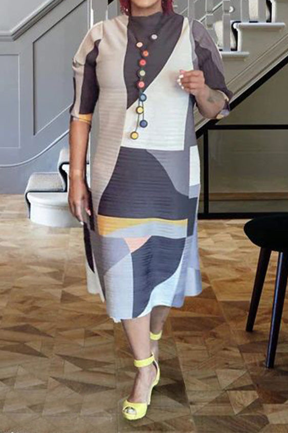 Abstract Print Pleated A Line Midi Dress