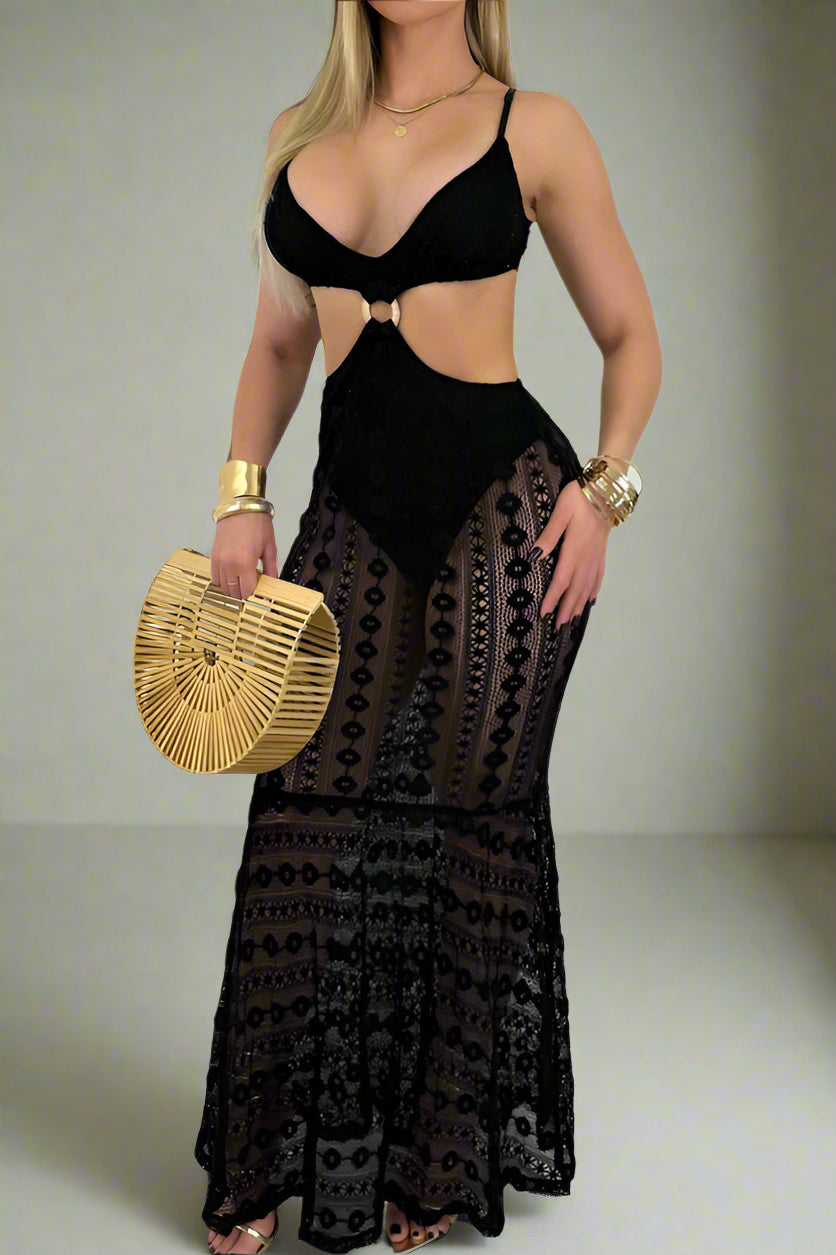 Strapless V-Neck Lace Sheer Bodycon Dress