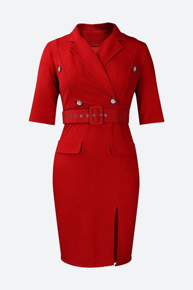 Solid Color Button Lapel Tight Dress