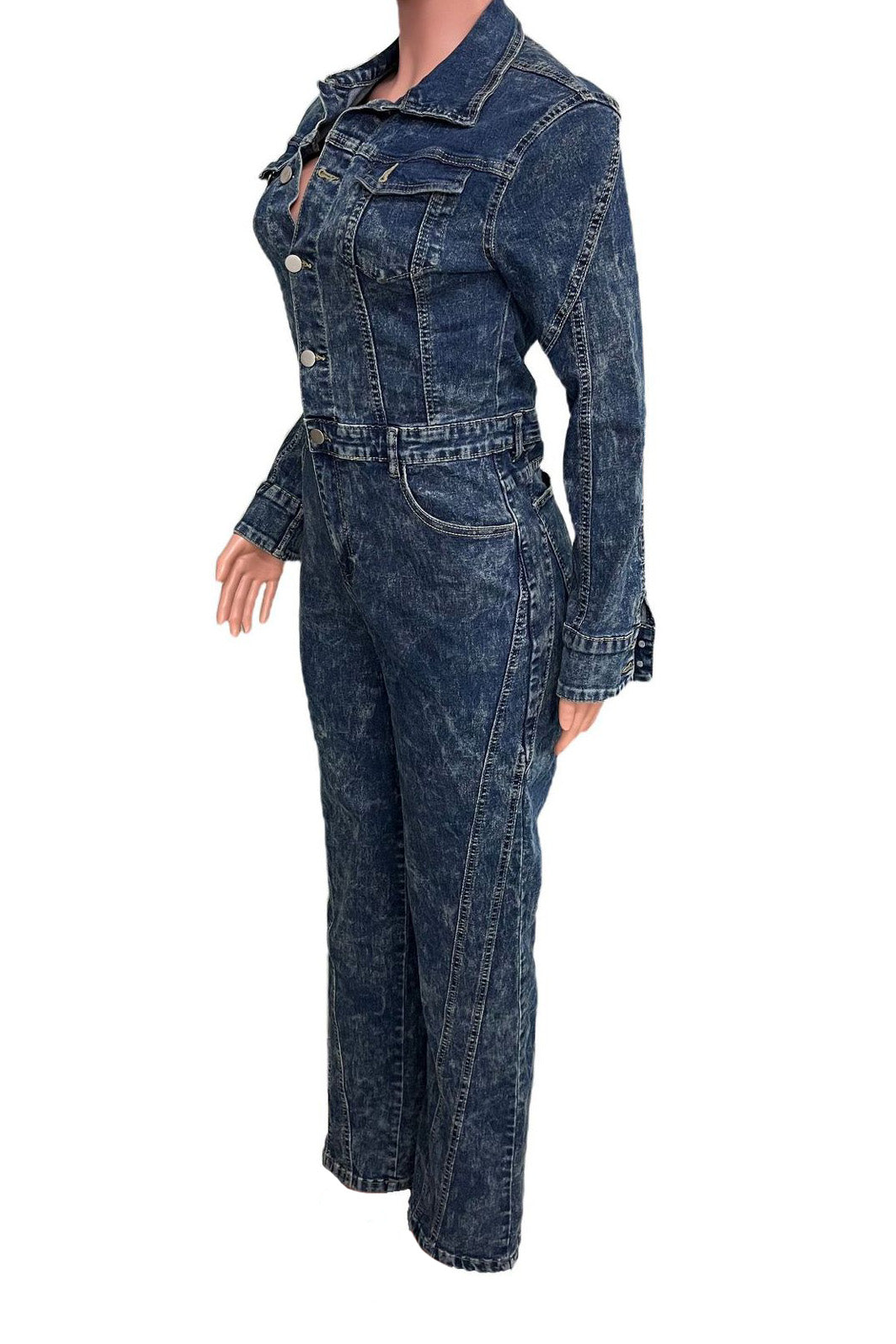 Washed Long Sleeve Denim Jumpsuit