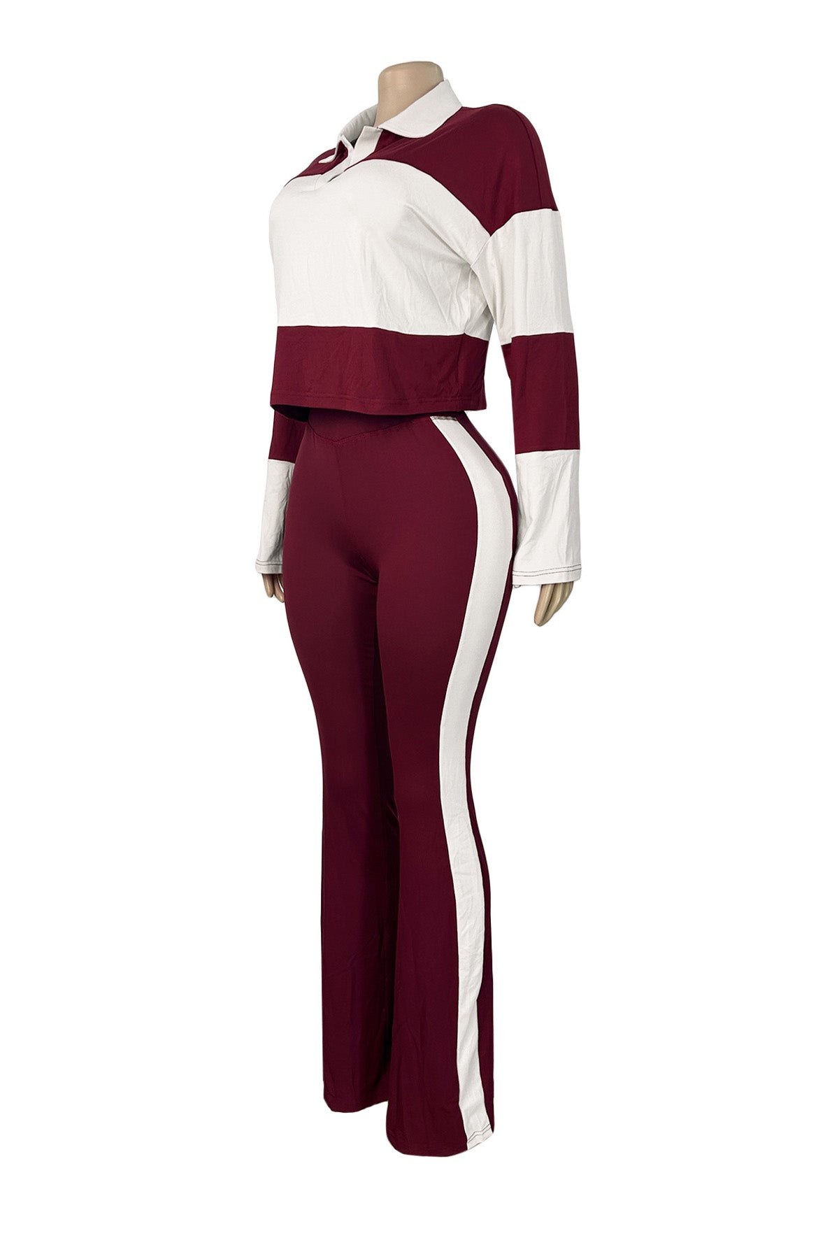 Colorblock Polo Top & Flare Pants Set
