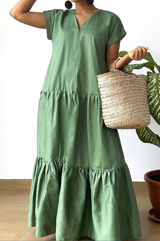 V-Neck Tiered Flowy Smock Maxi Dress