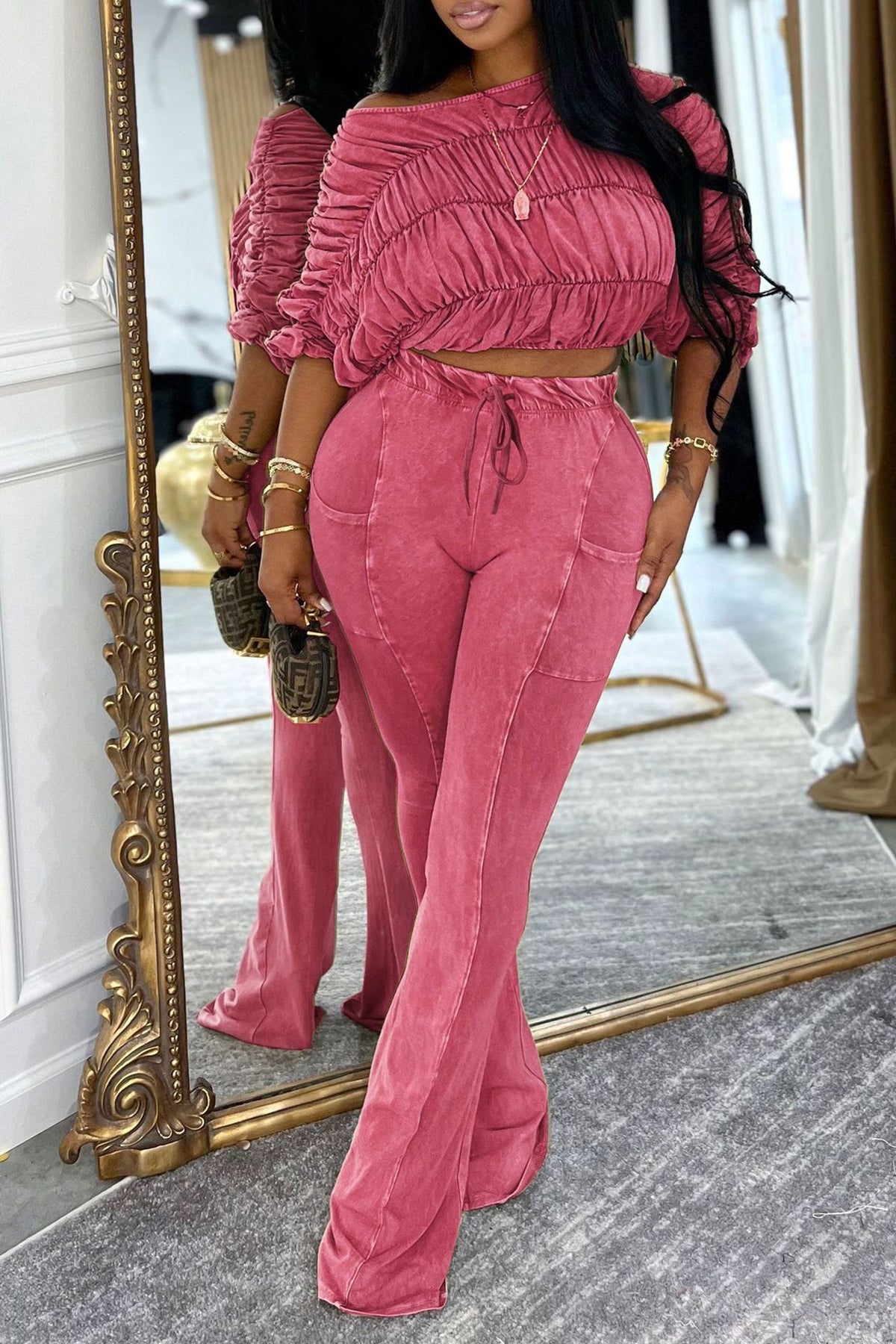 Ruched Crop Top and Lounge Pant Set