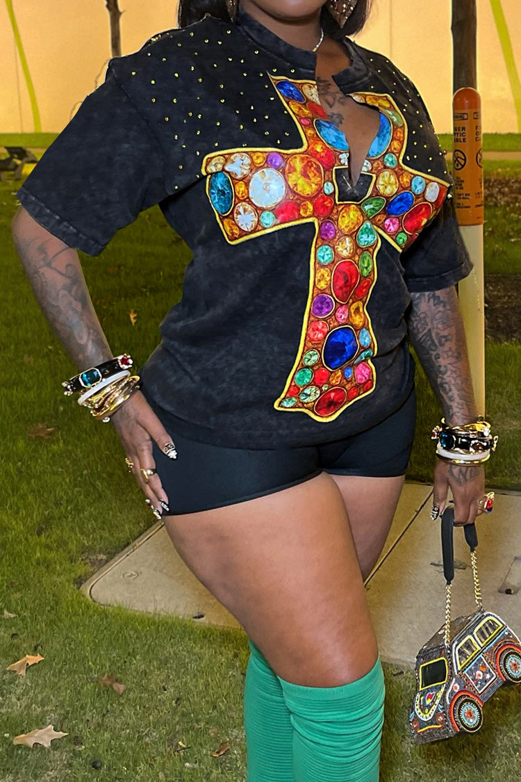 Jeweled Cross Split-Neck Graphic Tee