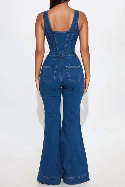 Strappy Flared Leg Denim Jumpsuit