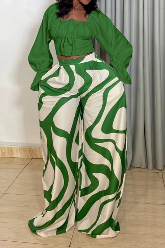 Long Sleeve Top and Printed Wide Leg Pants Set