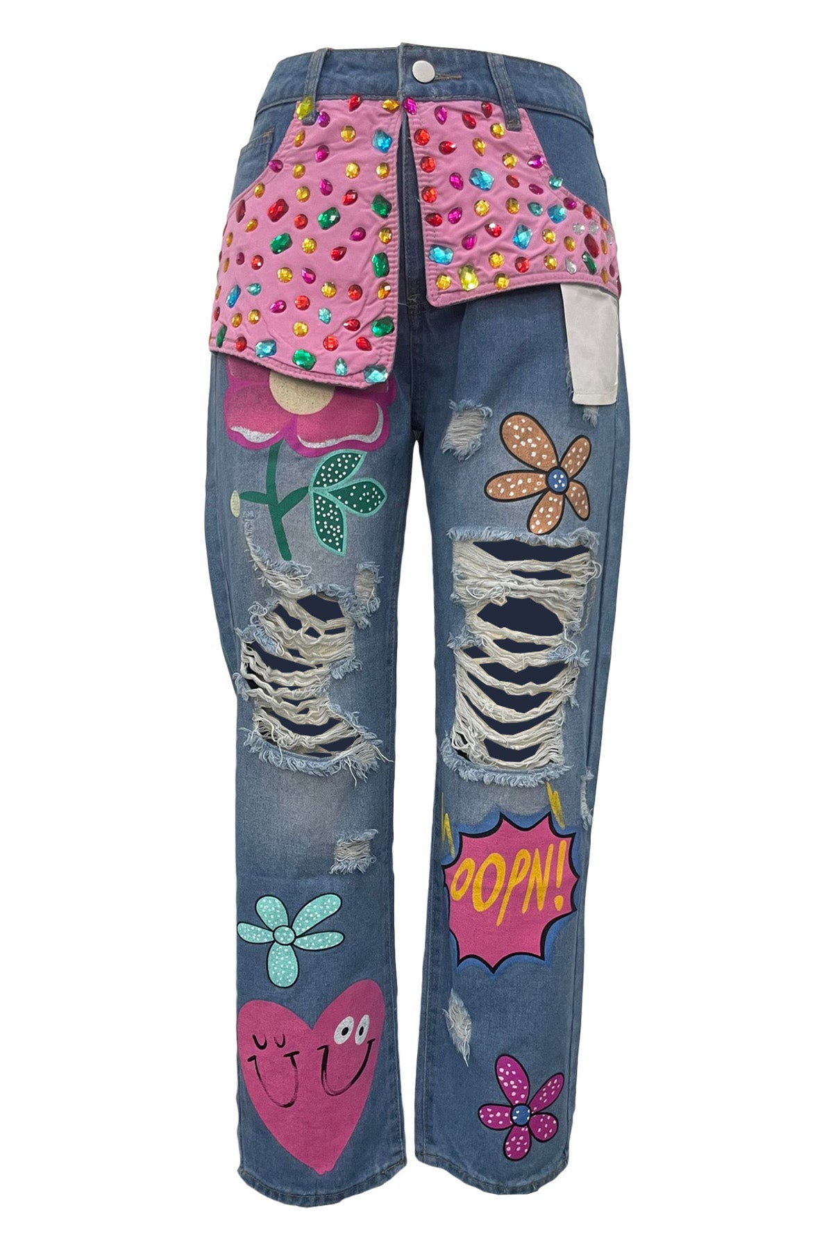Embroidered Rhinestone Ripped Jeans