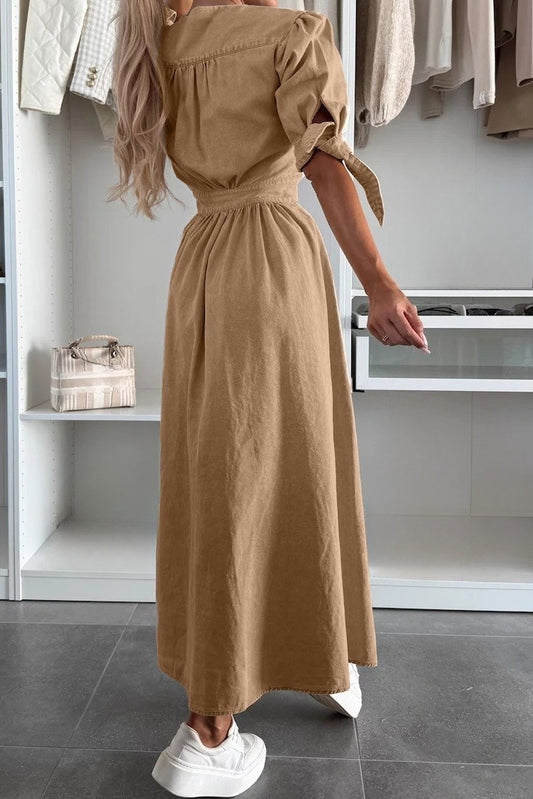 V-Neck Button-Front A-Line Denim Midi Dress