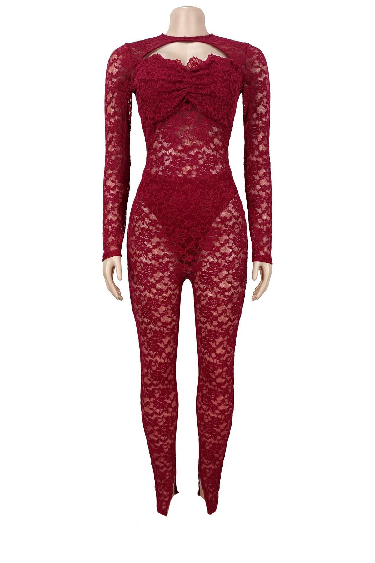 Sheer Lace Long-Sleeve Cutout Jumpsuit