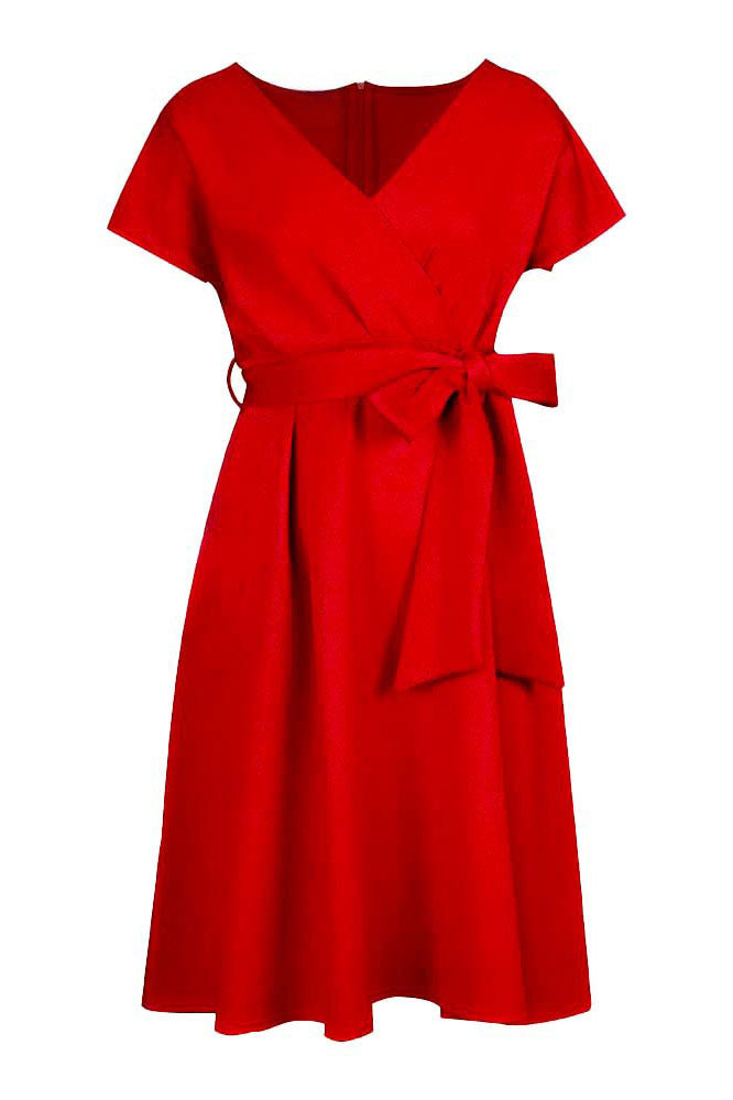 Solid Color Belted Bow Tie Waist Dress