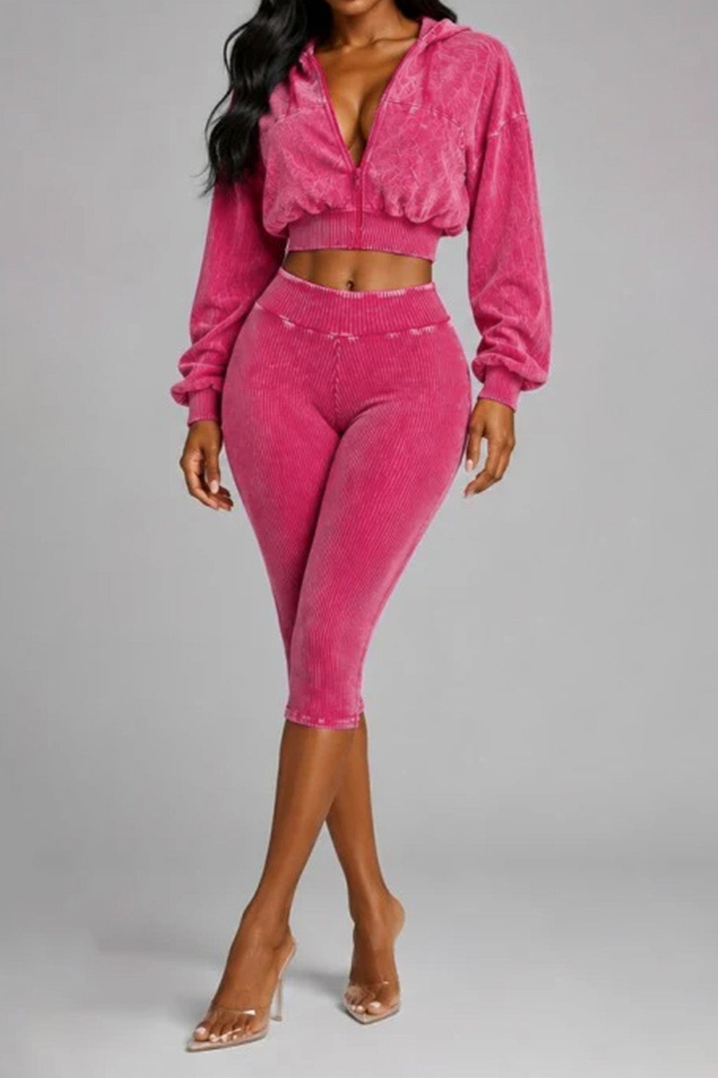 Washed Hoodie & Ribbed Capri Leggings Set