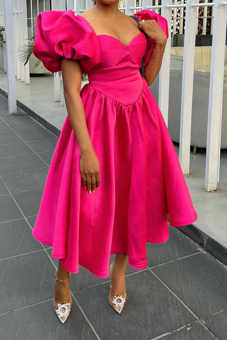 Puff Sleeve Basque Midi Dress