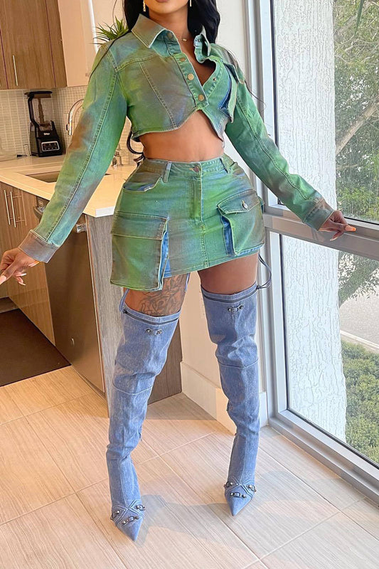 Cropped Denim Jacket and Cargo Skirt Set