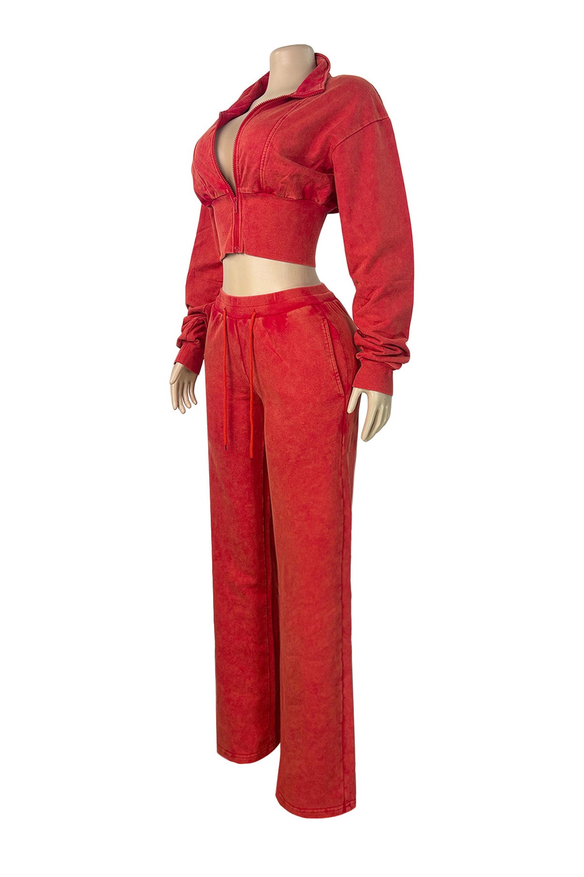 Washed Cropped Zip Jacket Wide Leg Pants Set