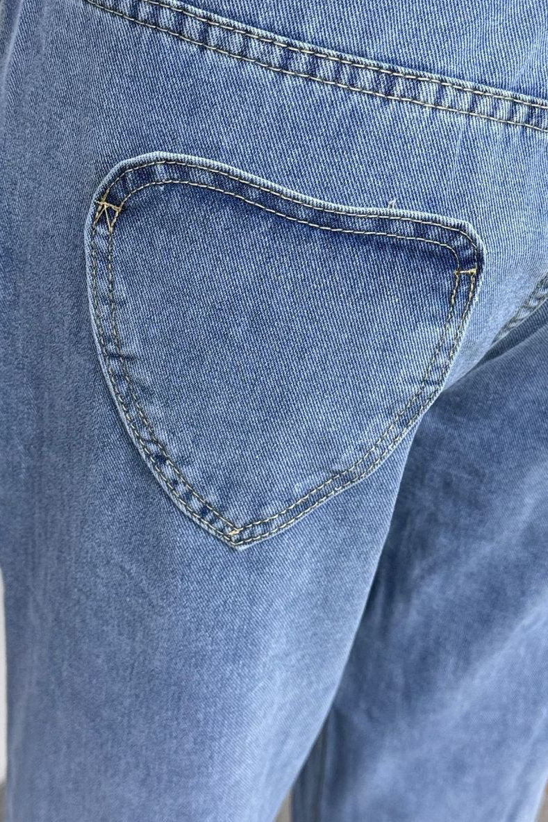 High Waist Heart Pocket Straight Leg Jeans