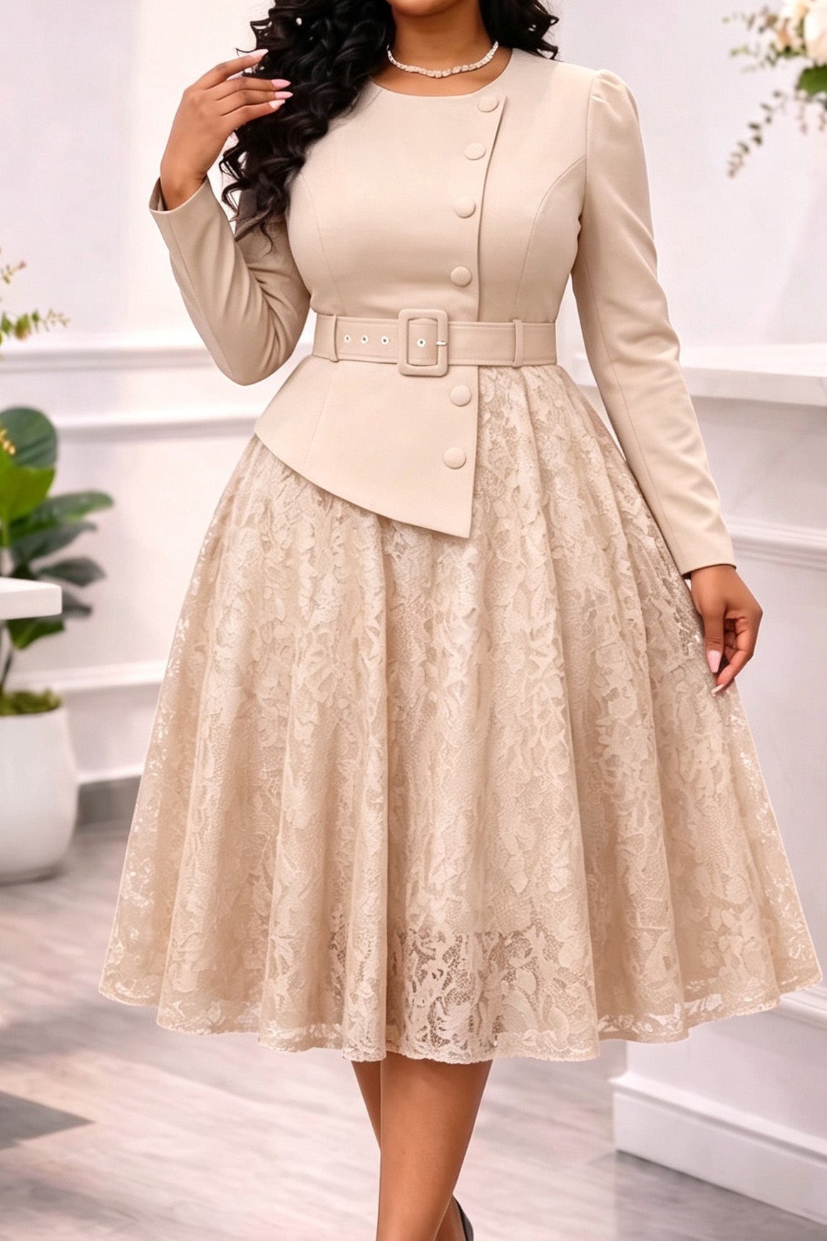 Belted Jacket Lace A Line Midi Dress