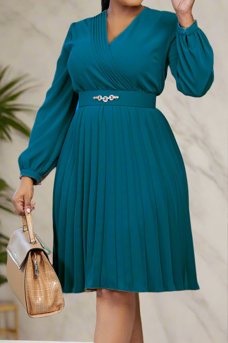 V Neck Long Sleeve Evening Long Dress