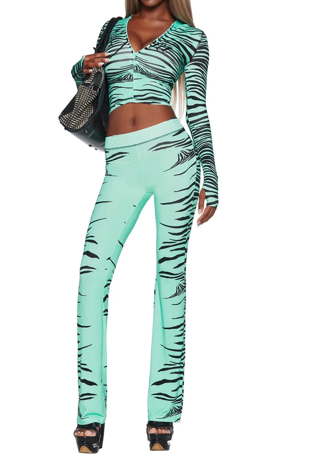 Printed Zip Hoodie Flare Pants Set