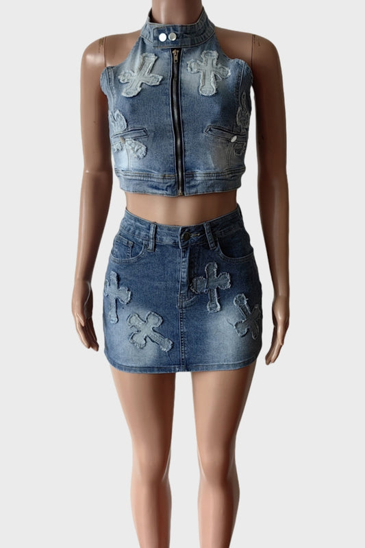 Street Wear Denim Zipper Skirt Set