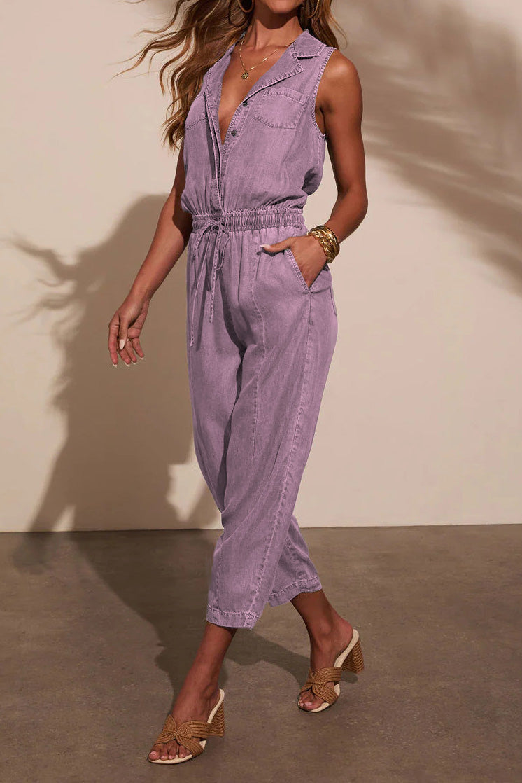 Sleeveless Drawstring Denim Utility Jumpsuit