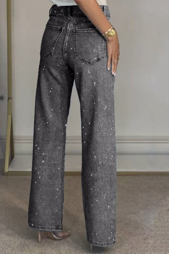 Wide-Leg High-Waist Rhinestone Jeans