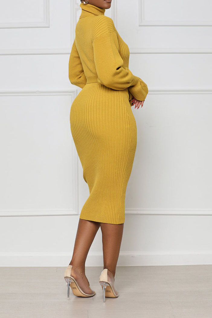 Rib Knit Tie Waist Midi Dress