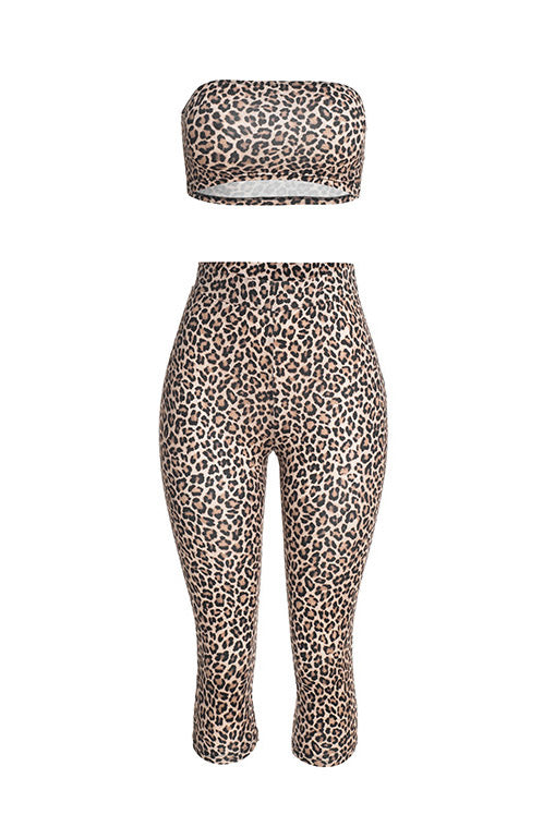 Leopard Crop Top, Cardigan & Capri Pants Set