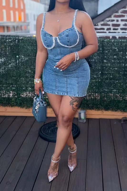 Rhinestone Trim Denim Bustier Mini Dress