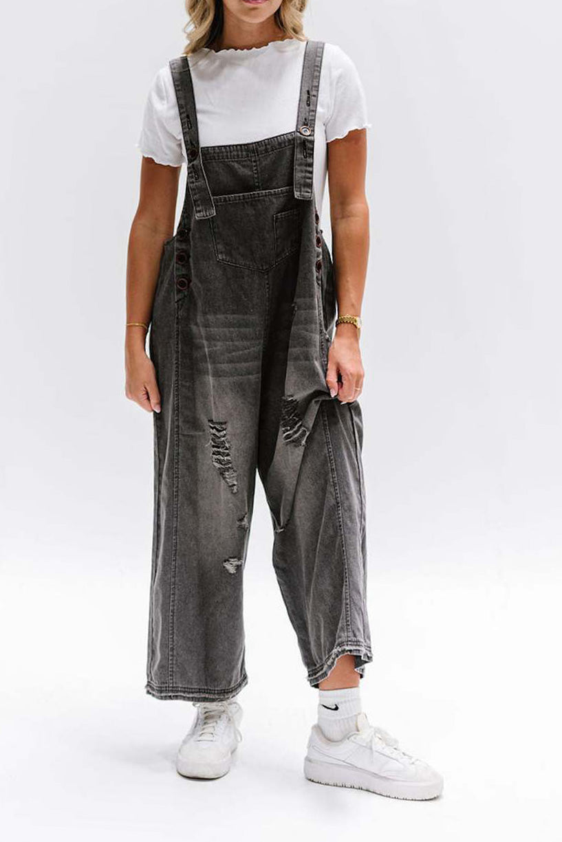 Loose Fit Distressed Denim Overalls