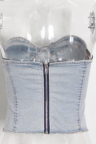 Denim Tube Top Wide Leg Pants Set