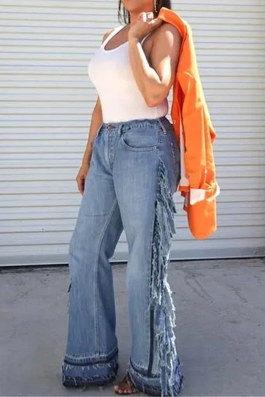 Side Fringe Wide Leg Raw Hem Jeans