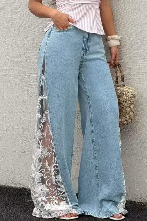High-Waisted Lace Insert Wide Leg Jeans