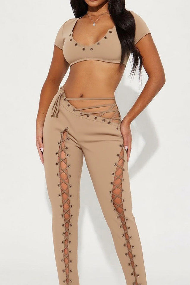 Crop Top and Lace-Up Pants 2-Piece Set