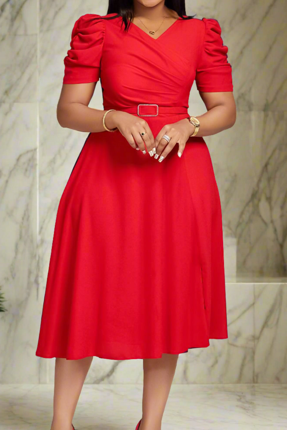 V Neck Short Puff Sleeves High Waist Midi Dress