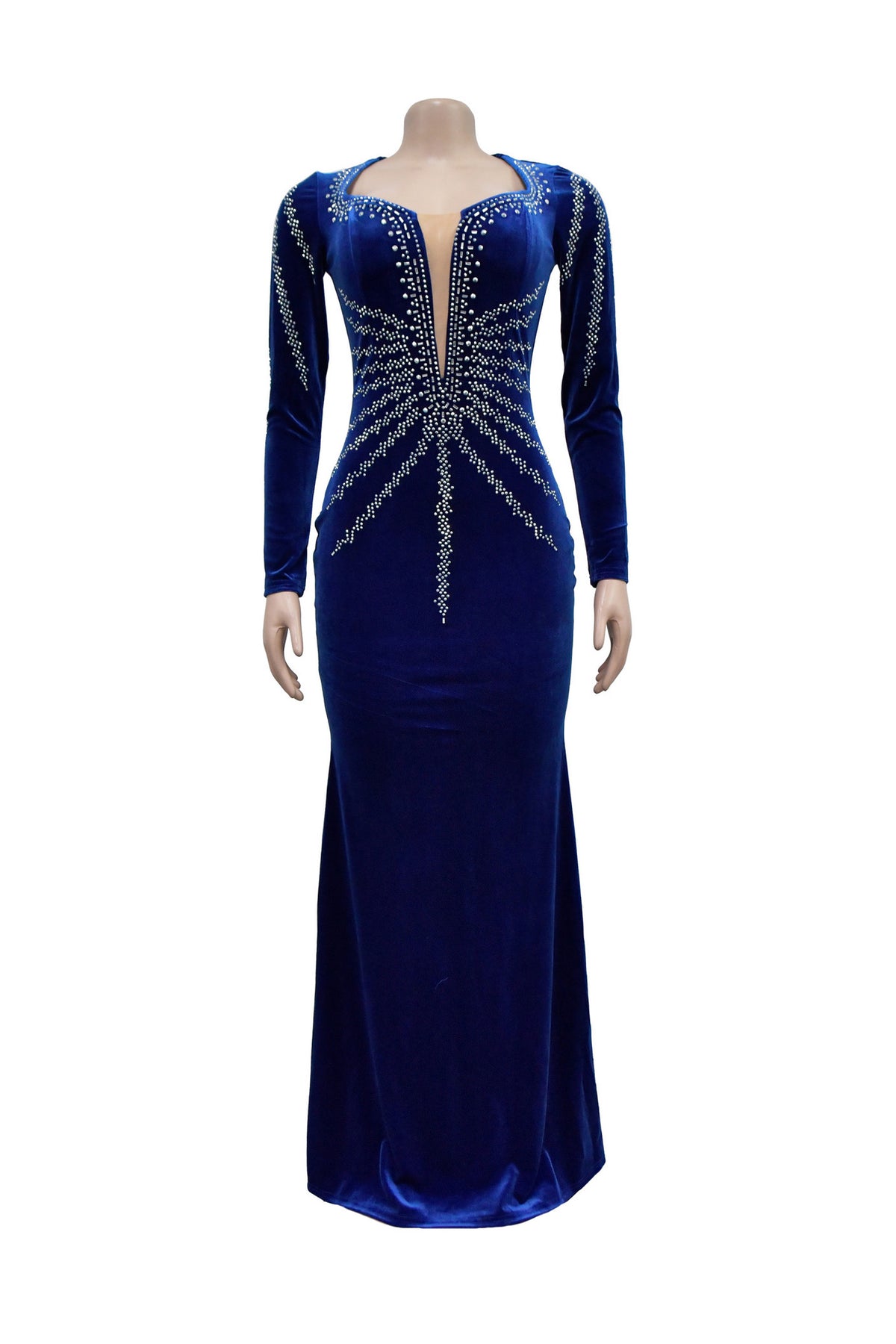 Rhinestone Plunge Illusion Velvet Maxi Dress