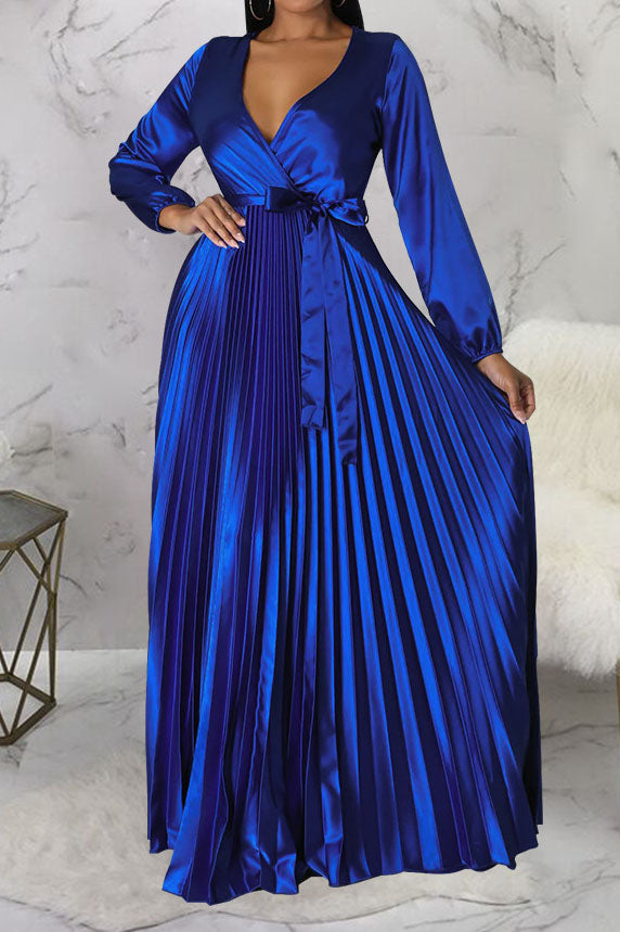 Faux Silk Pleated Tie-Waist Maxi Dress