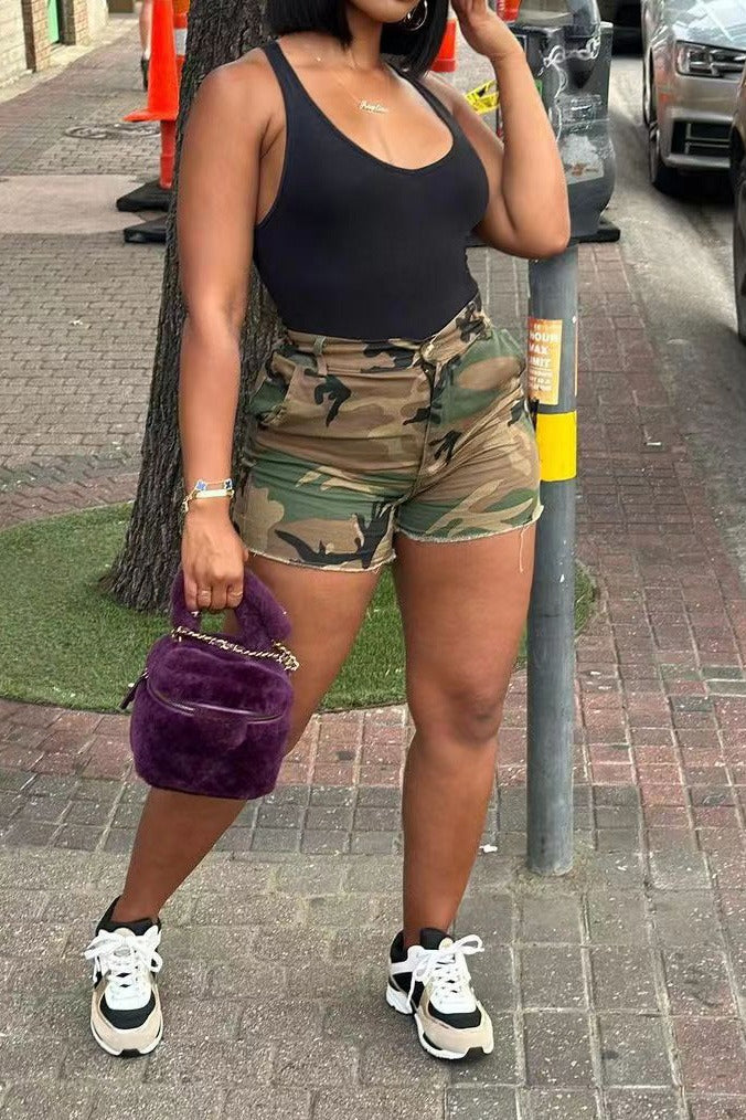 Camo High Waist Raw Hem Cutoff Shorts