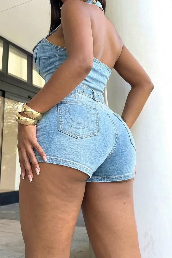 Halter Zip-Up Open Back Belted Denim Romper
