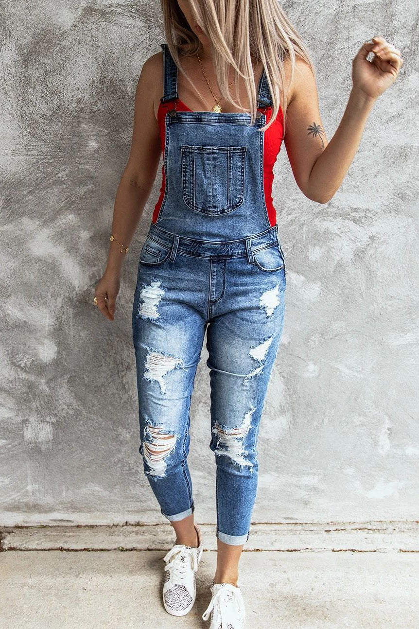 Retro Tattered Jumpsuits Stretch Denim