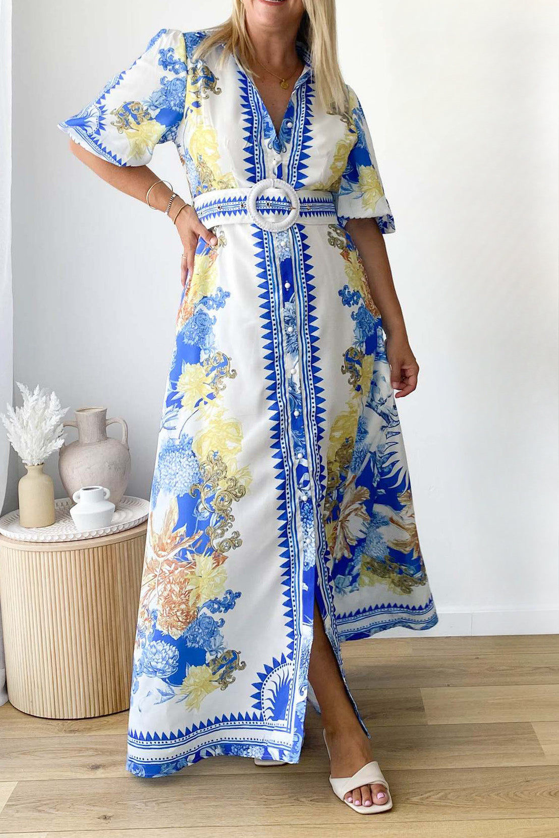 Printed Turn-Down Collar Maxi Dress