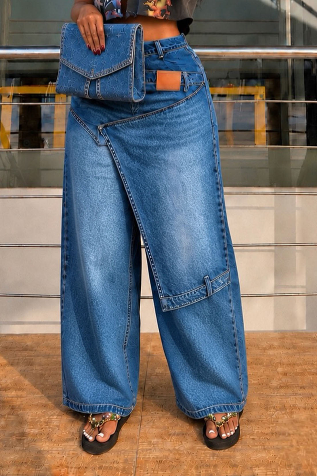 Asymmetrical Overlay Wide Leg Denim Pants